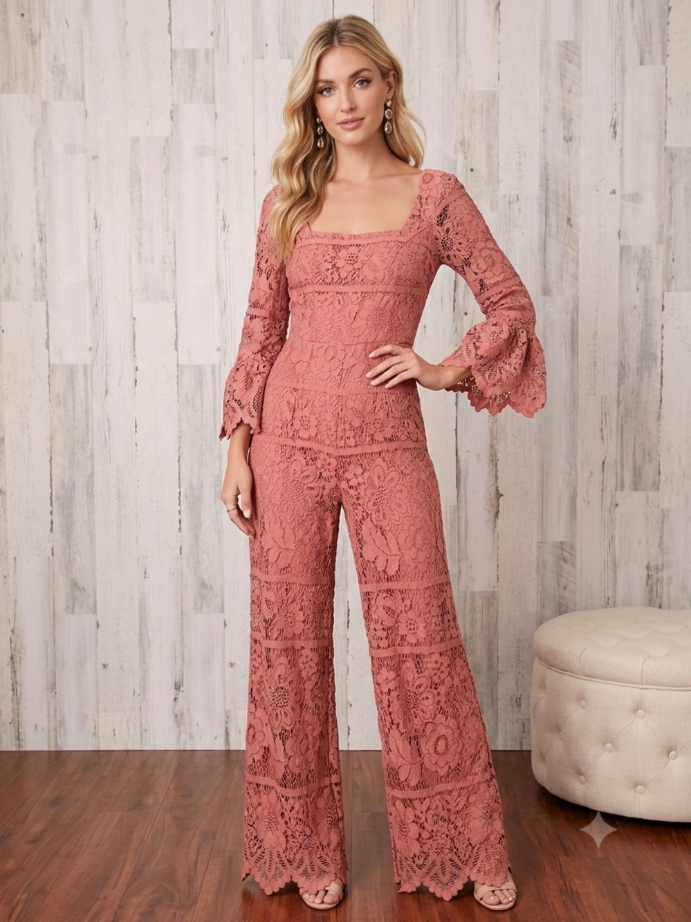 Lulus Dusty Rose Lace Bell Sleeve Jumpsuit Size M